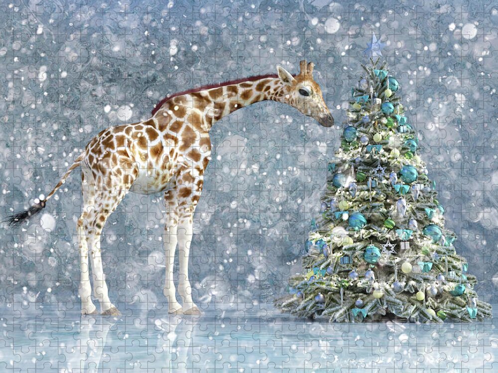 Giraffe Jigsaw Puzzle featuring the digital art Friendly Giraffe Holidays by Betsy Knapp