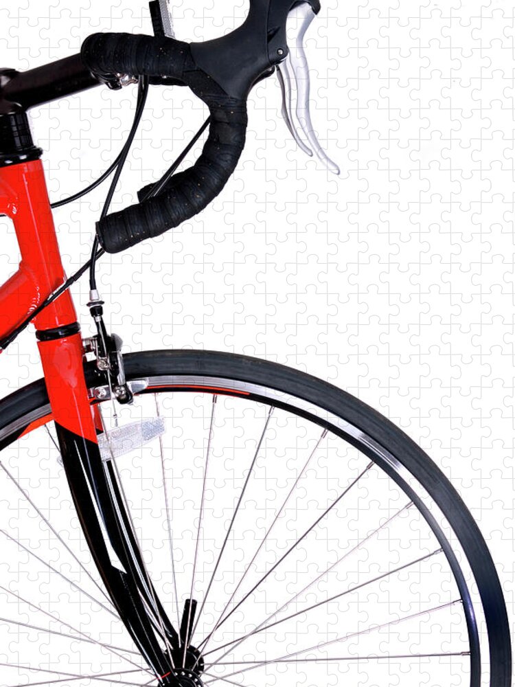 White Background Jigsaw Puzzle featuring the photograph Front Of Red And Black Bike And Front by Kledge