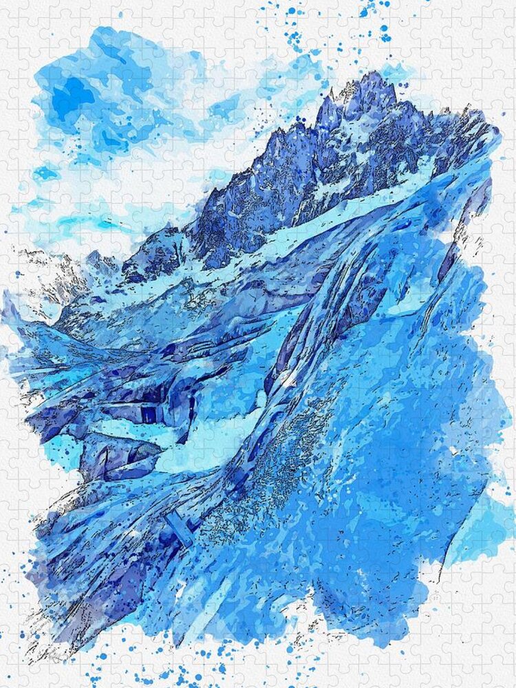Ice Jigsaw Puzzle featuring the painting Frozen Waterfall, Mer de Glace, Chamonix, France - watercolor by Adam Asar by Celestial Images
