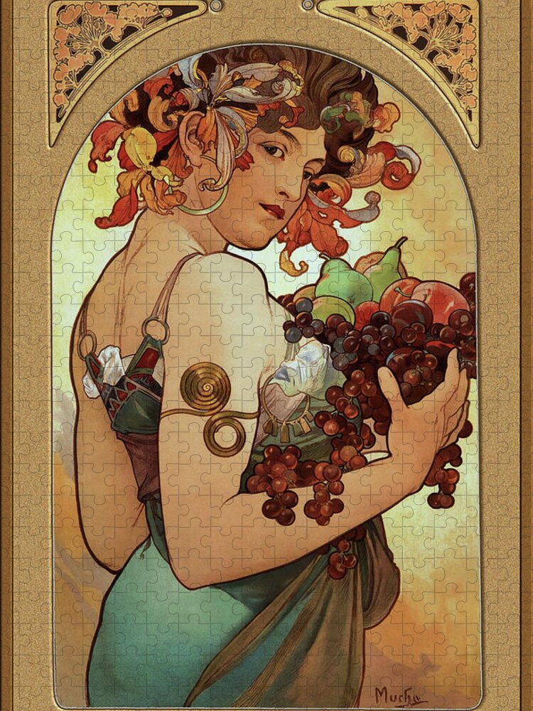 Fruit Jigsaw Puzzle featuring the painting Fruit by Alphonse Mucha by Xzendor7