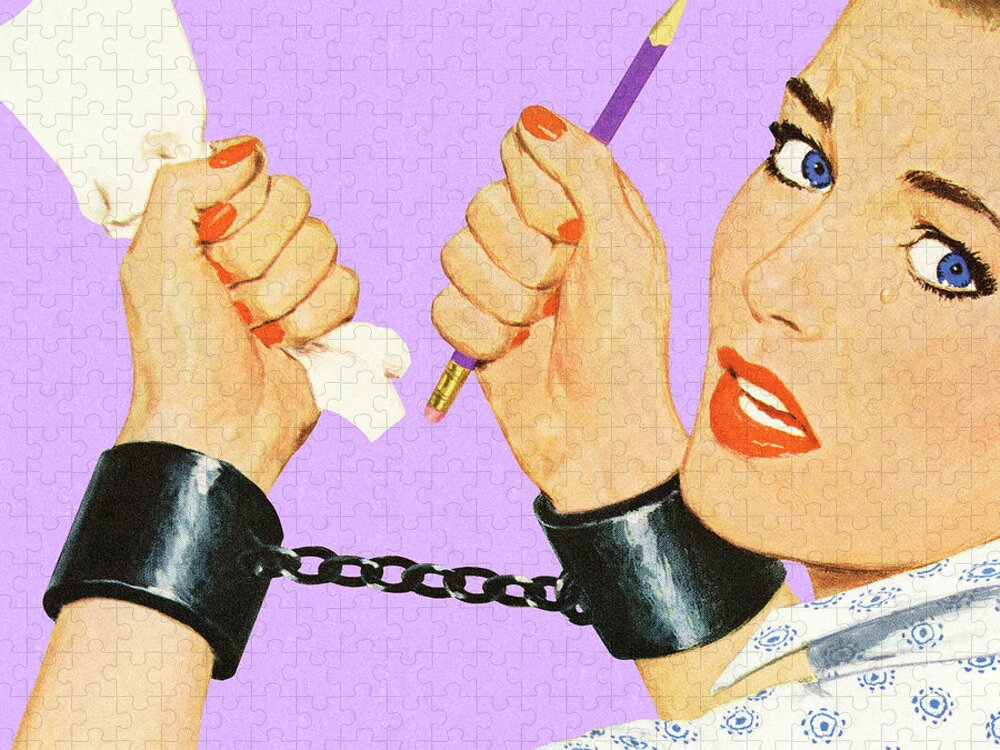 Adult Jigsaw Puzzle featuring the drawing Frustrated Woman in Handcuffs by CSA Images