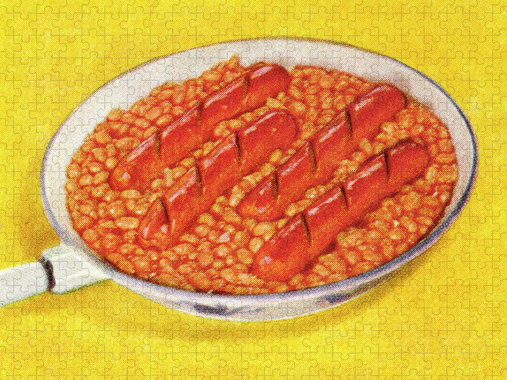 Baked Beans Jigsaw Puzzle featuring the drawing Frying Pan with Beans and Hot Dogs by CSA Images
