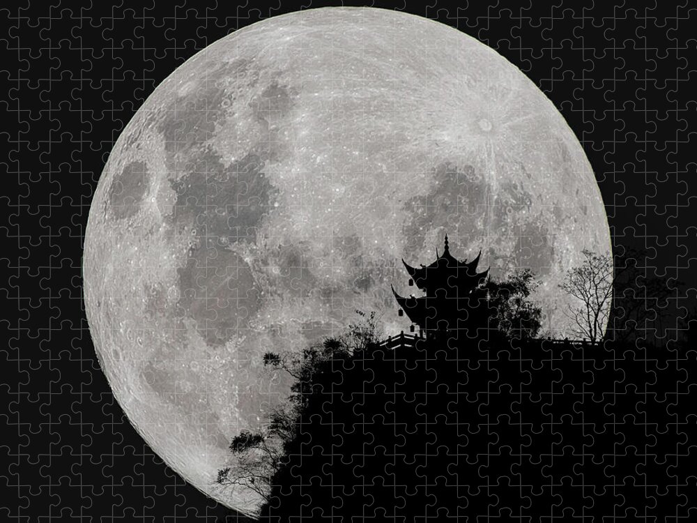 Moon Jigsaw Puzzle featuring the photograph Full Moon Behind Clifftop Gazebo in Chengdu China by William Dickman