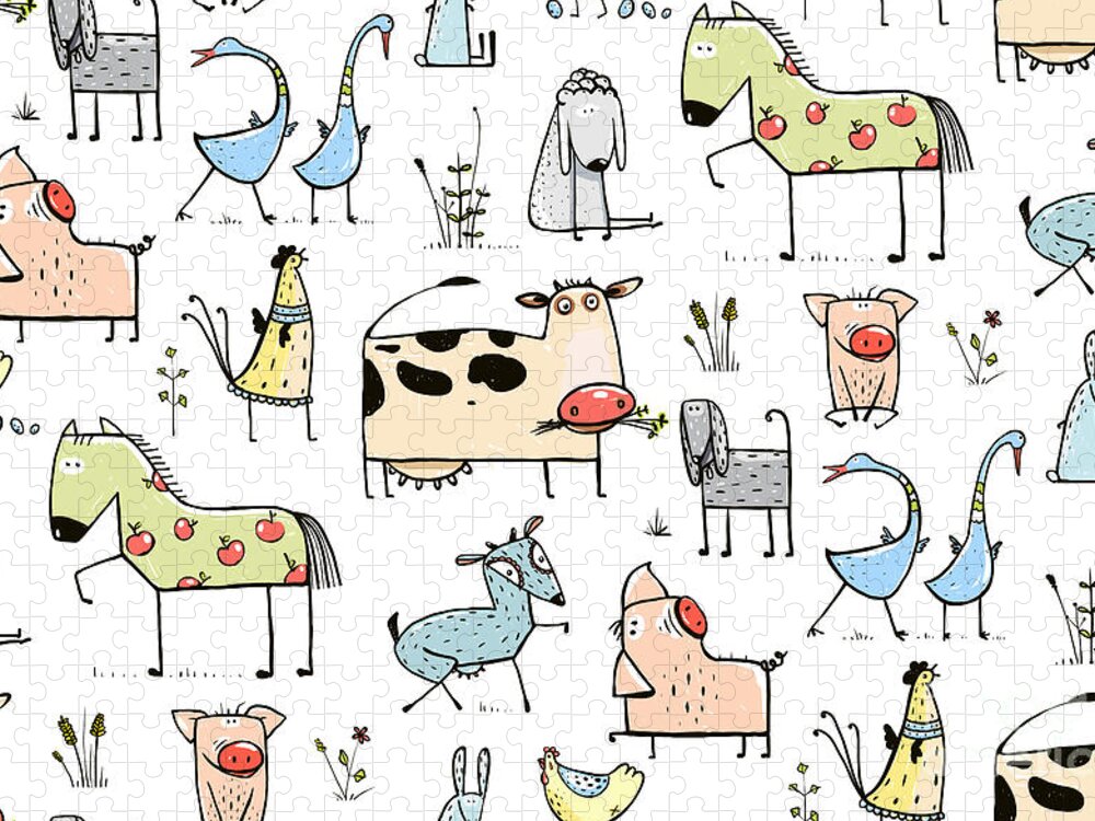 Funny Cartoon Village Domestic Animals Jigsaw Puzzle by Popmarleo - Pixels