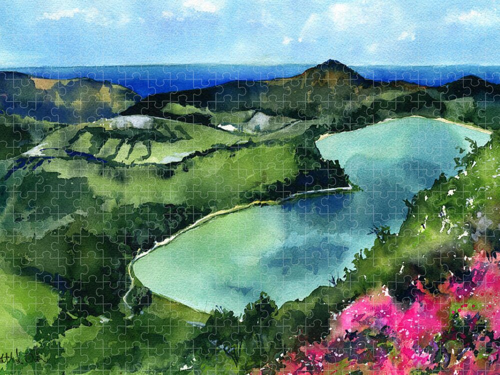 Portugal Jigsaw Puzzle featuring the painting Furnas Lake Azores Portugal by Dora Hathazi Mendes