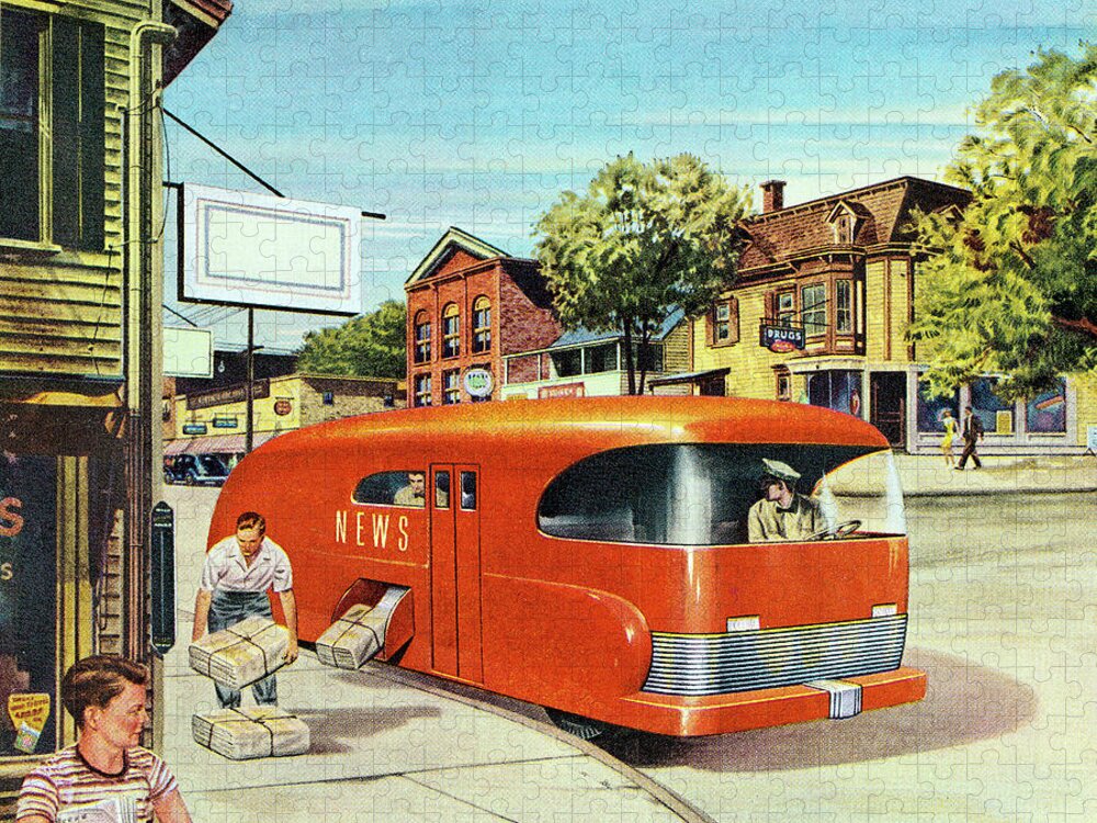 Bus Jigsaw Puzzle featuring the drawing Futuristic Newspaper Truck by CSA Images