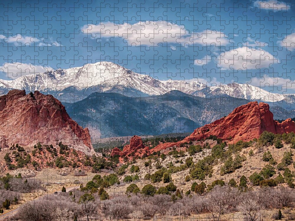 Tranquility Jigsaw Puzzle featuring the photograph Garden Of The Gods And Pikes Peak by Ronnie Wiggin