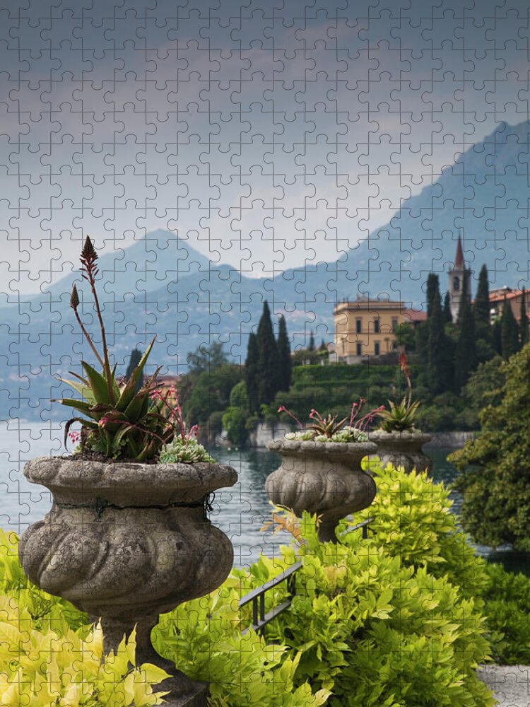 Scenics Jigsaw Puzzle featuring the photograph Gardens And Lakefront, Villa Monastero by Walter Bibikow