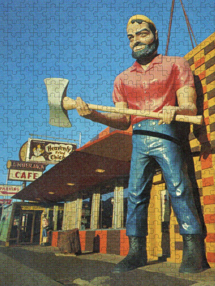 Architecture Jigsaw Puzzle featuring the drawing Giant Paul Bunyan Statue at a Cafe by CSA Images