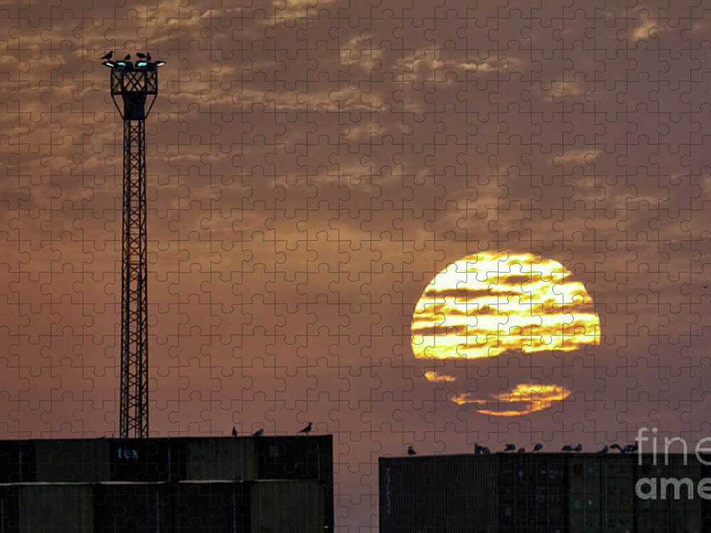 Bright Jigsaw Puzzle featuring the photograph Giant Sun at Sunrise Cadiz Harbour by Pablo Avanzini