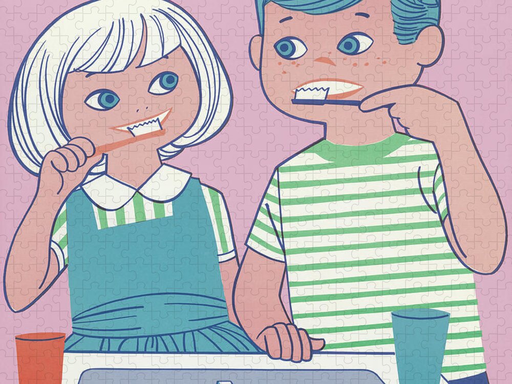 Bathroom Jigsaw Puzzle featuring the drawing Girl and Boy Brushing Their Teeth by CSA Images