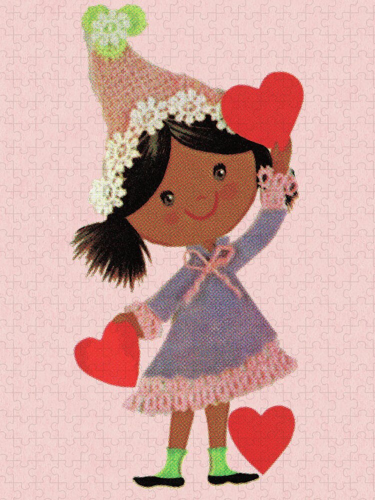 Accessories Jigsaw Puzzle featuring the drawing Girl and Hearts by CSA Images