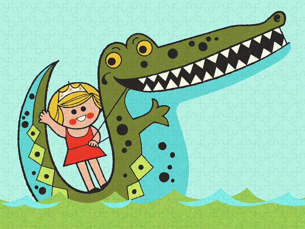 Alligator Jigsaw Puzzle featuring the drawing Girl Riding on an Alligator by CSA Images