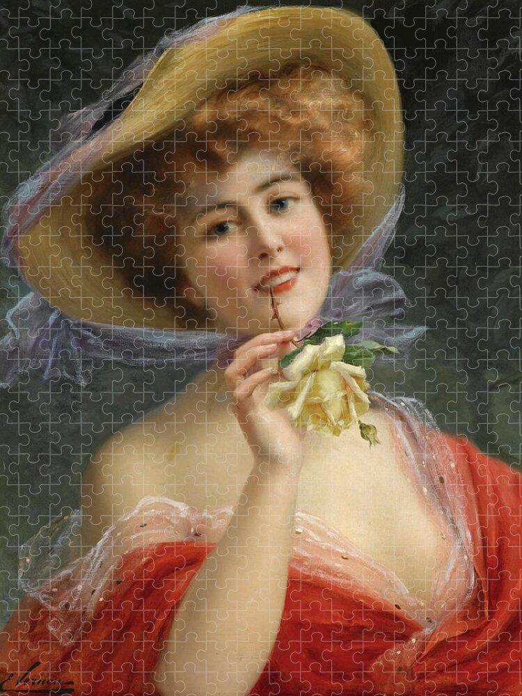 Emile Vernon Jigsaw Puzzle featuring the painting Girl with Yellow Rose by Emile Vernon