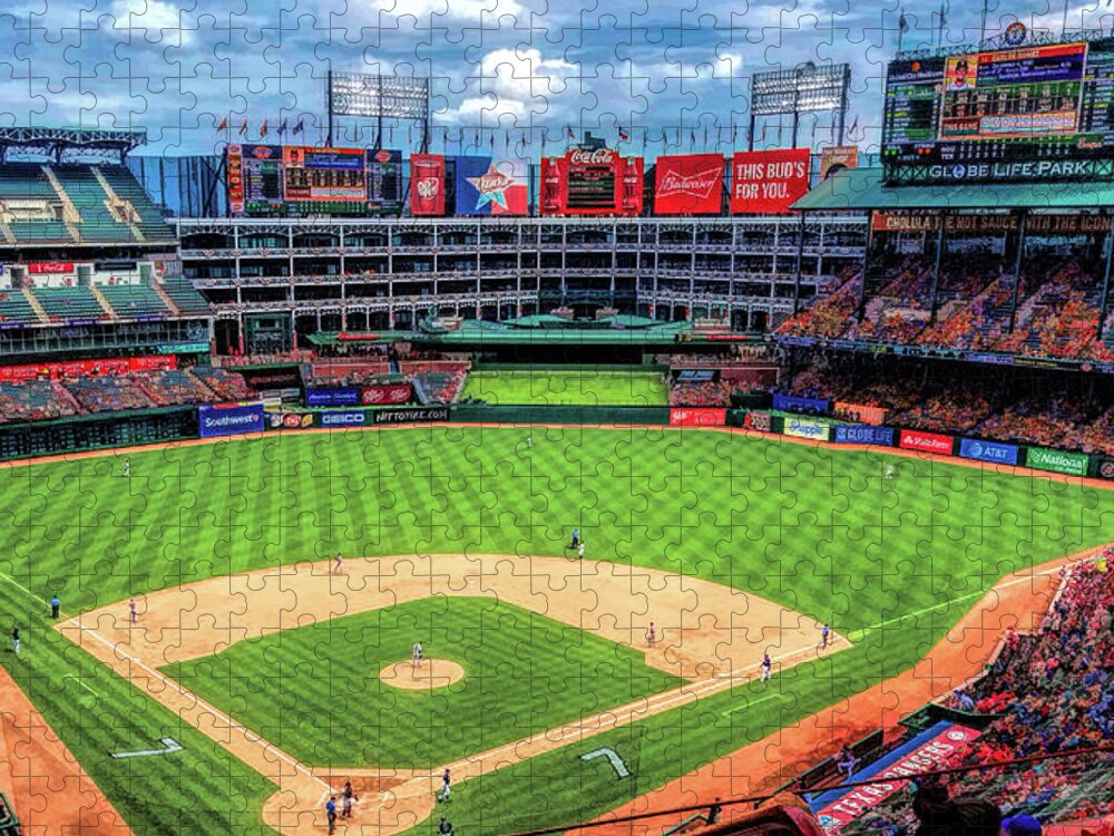 Globe Life Park Jigsaw Puzzle featuring the painting Globe Life Park Texas Rangers Baseball Ballpark Stadium by Christopher Arndt