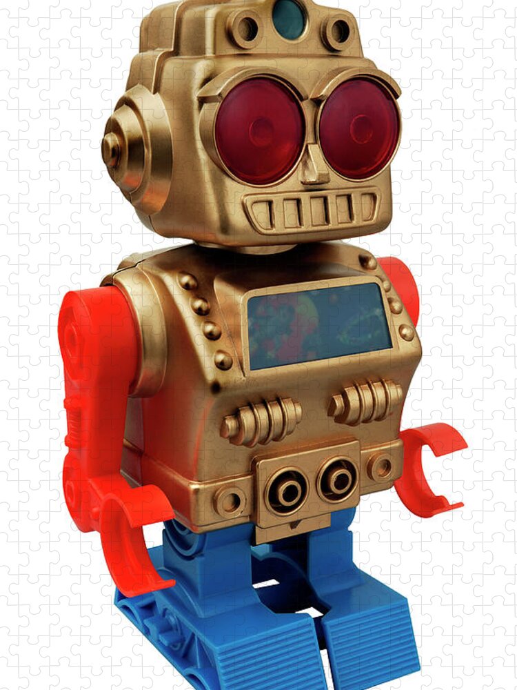 Ai Jigsaw Puzzle featuring the drawing Gold, Red and Blue Robot by CSA Images