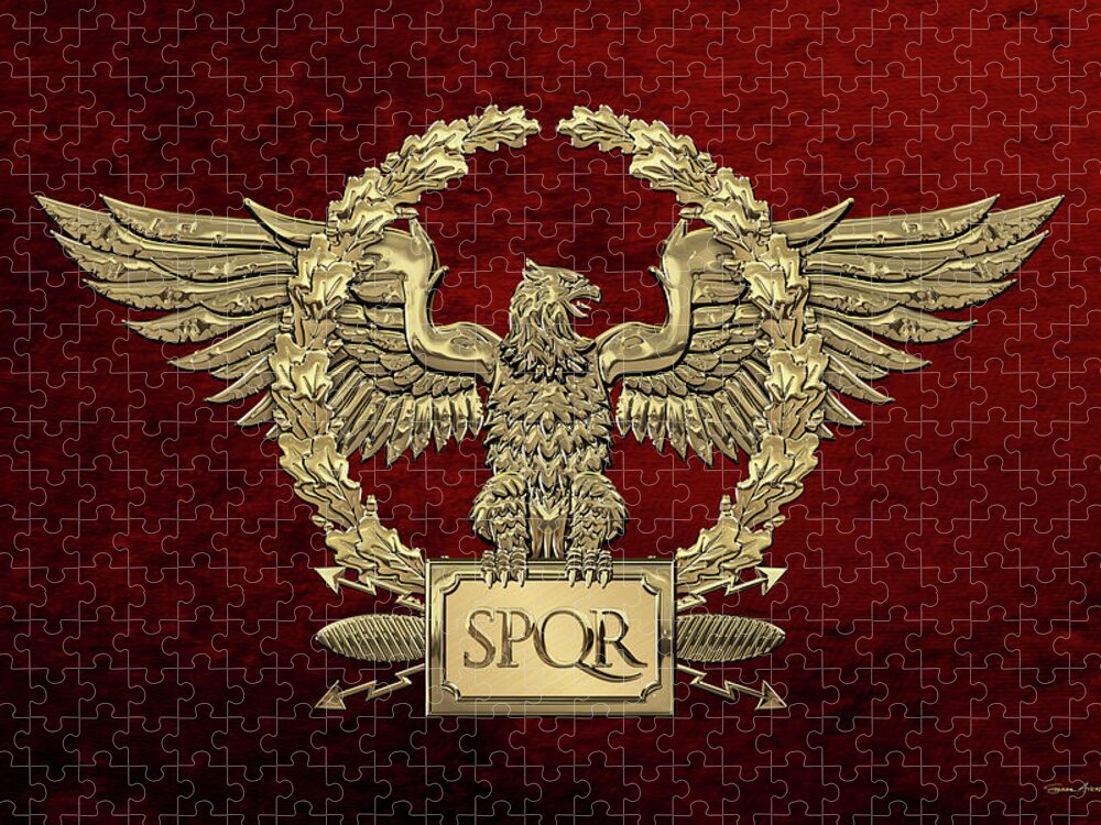 ‘treasures Of Rome’ Collection By Serge Averbukh Jigsaw Puzzle featuring the digital art Gold Roman Imperial Eagle - S P Q R Special Edition over Red Velvet by Serge Averbukh
