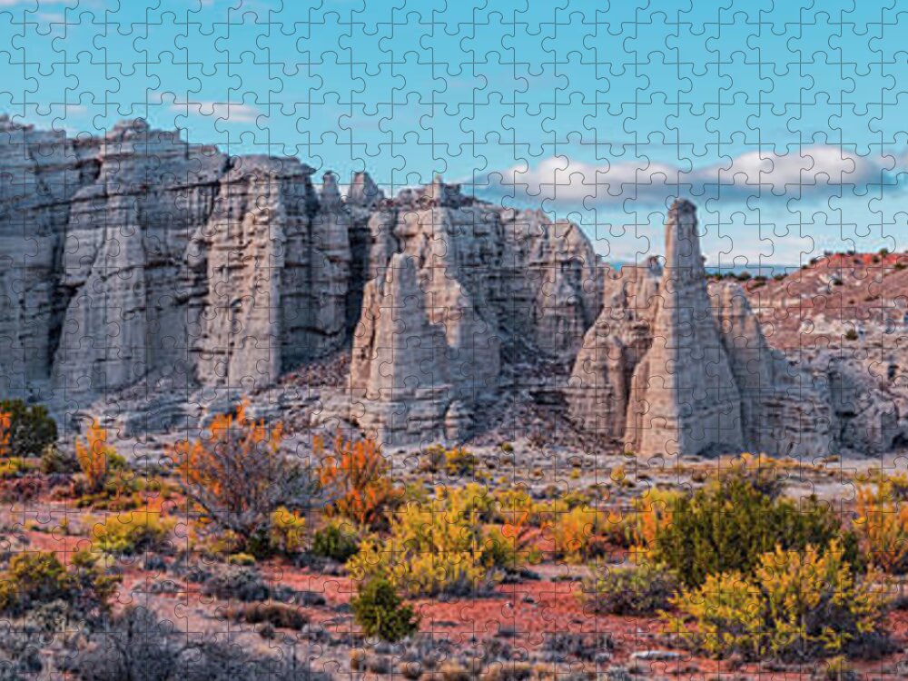 Plaza Blanca Jigsaw Puzzle featuring the photograph Golden Hour Fall Panorama of Plaza Blanca - Abiquiu Rio Arriba County New Mexico by Silvio Ligutti
