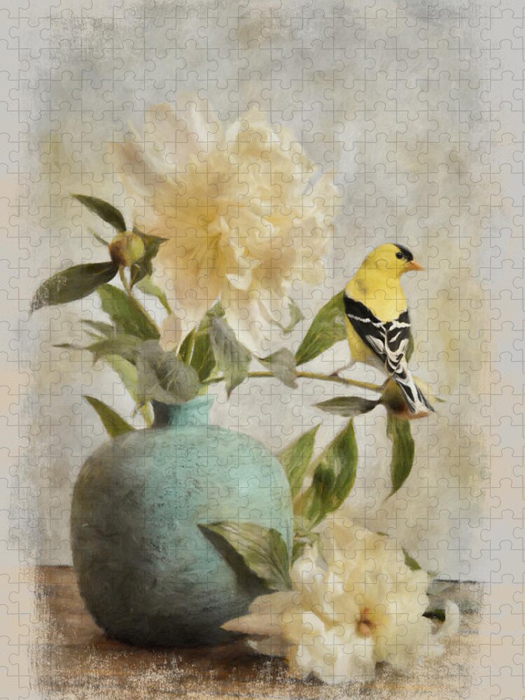 Bird Jigsaw Puzzle featuring the painting Goldfinch and the Peonies by Jai Johnson