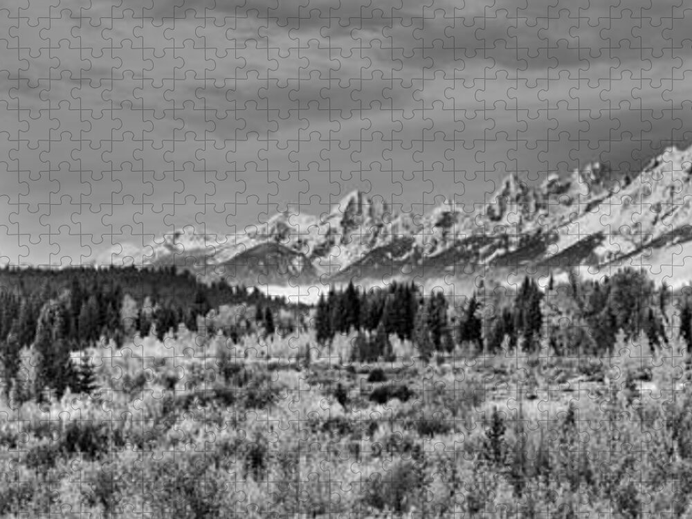 Pacific Creek Jigsaw Puzzle featuring the photograph Grand Teton Pacific Creek Road Sunrise Panorama Black And White by Adam Jewell