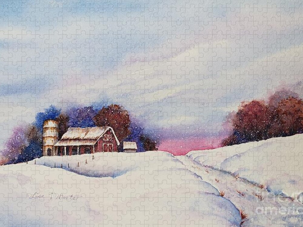 Snow Scene Jigsaw Puzzle featuring the painting Long Road Home by Lisa Debaets