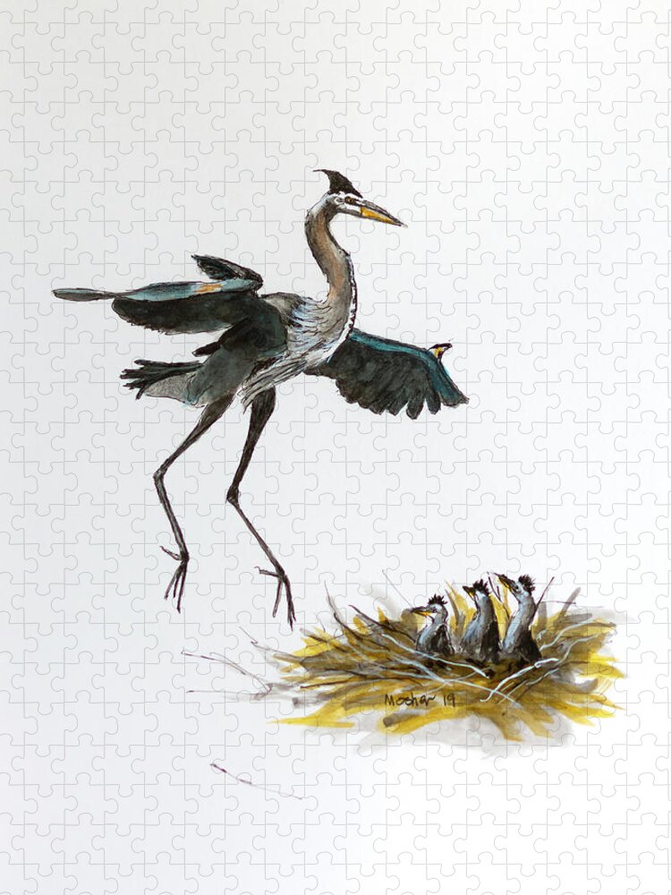 Great Blue Heron Jigsaw Puzzle featuring the painting Great Blue Heron Acrylic Ink 5 by Rick Mosher