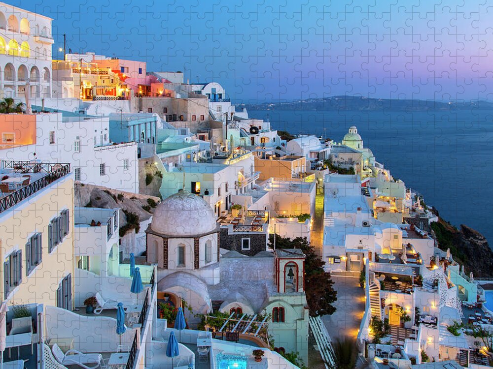Greek Culture Jigsaw Puzzle featuring the photograph Greece, Santorini, Fira Town At Dusk by Sylvain Sonnet