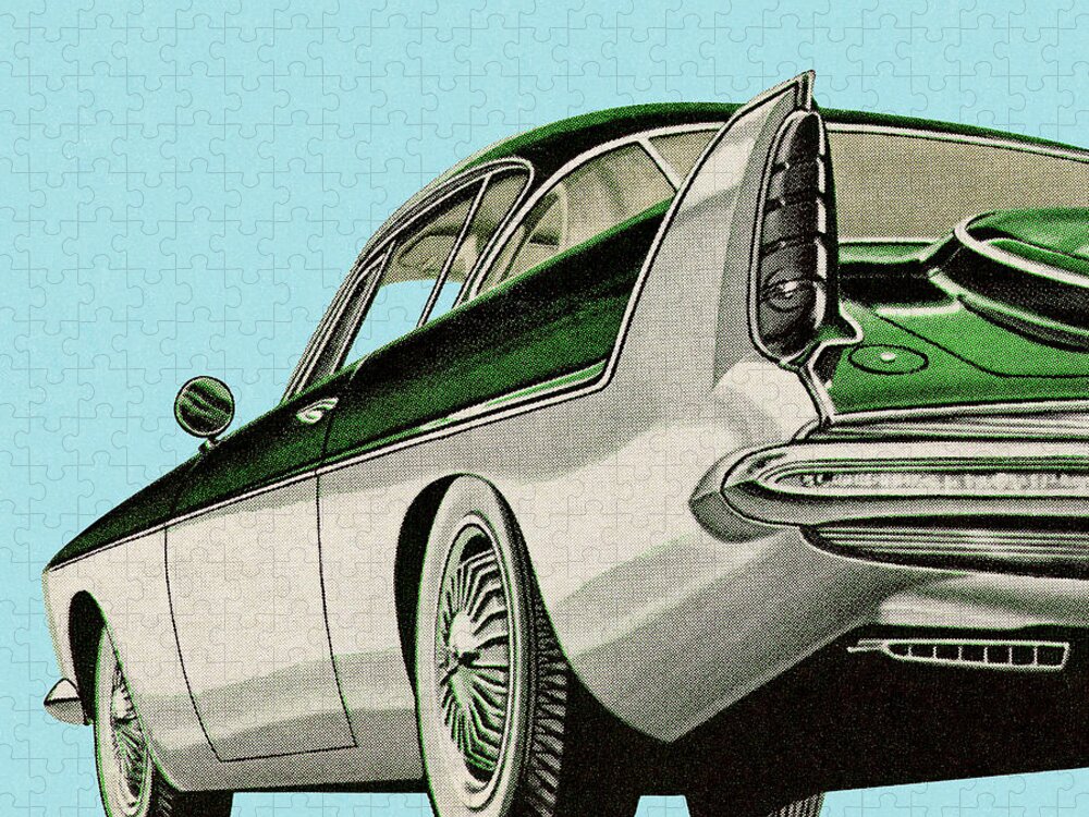 Auto Jigsaw Puzzle featuring the drawing Green and White Vintage Car by CSA Images