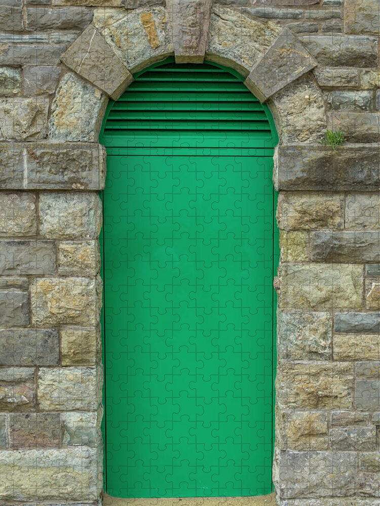 Arch Jigsaw Puzzle featuring the photograph Green Door In An Old, Brick Wall by Bridgendboy