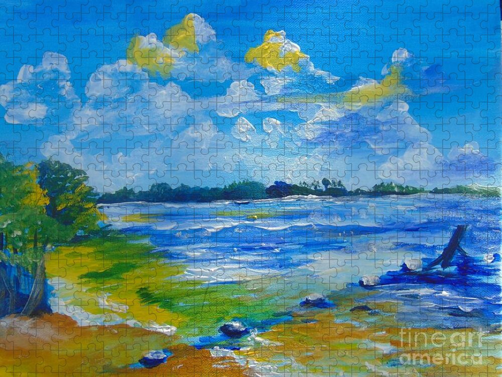 Acrylic Jigsaw Puzzle featuring the painting Green Key Beach by Saundra Johnson