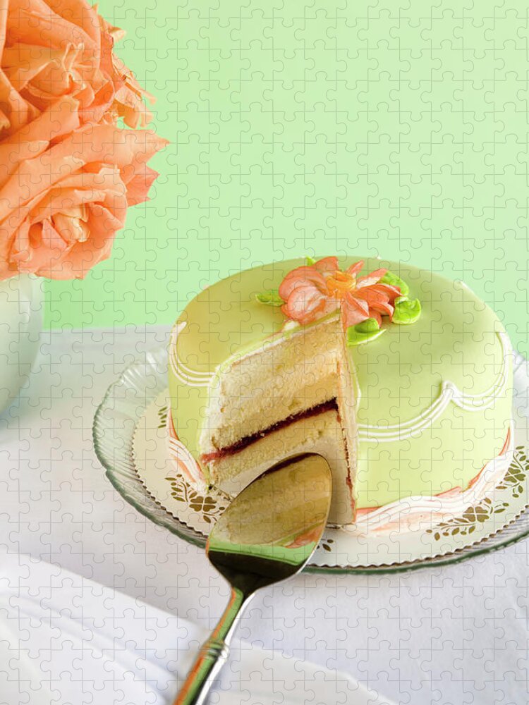 Coral Colored Jigsaw Puzzle featuring the photograph Green Marzipan Cake With Missing Slice by Seth Joel