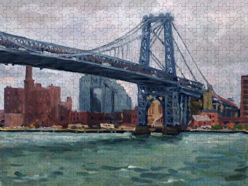 Williamsburg Bridge Art Jigsaw Puzzle featuring the painting Grey and Blue Williamsburg Bridge/NYC Landscape Painting by Thor Wickstrom