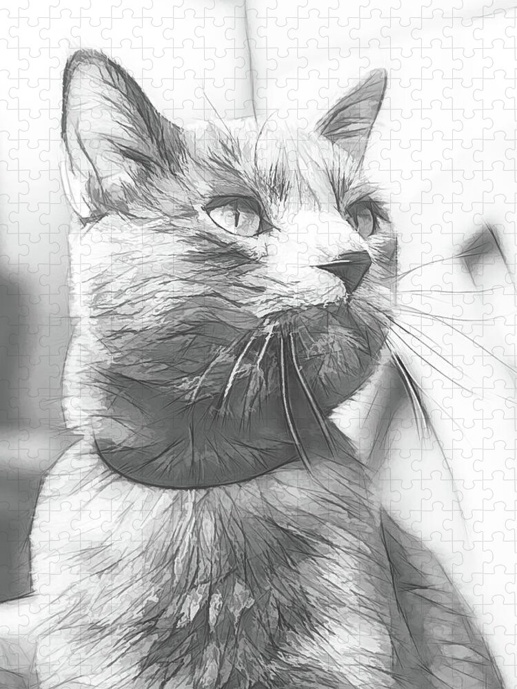 Art Jigsaw Puzzle featuring the digital art Grey Cat Posing, Black and White Sketch by Rick Deacon