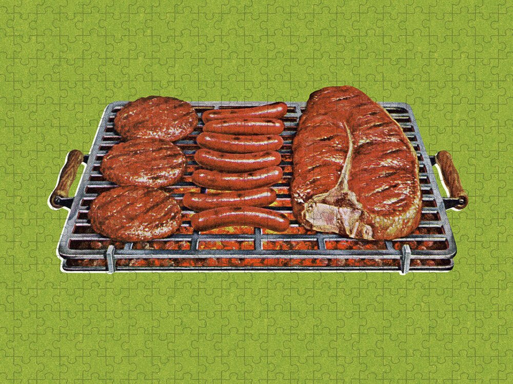 Barbecue Jigsaw Puzzle featuring the drawing Grill with Hamburgers, Hot Dogs, and a Steak by CSA Images