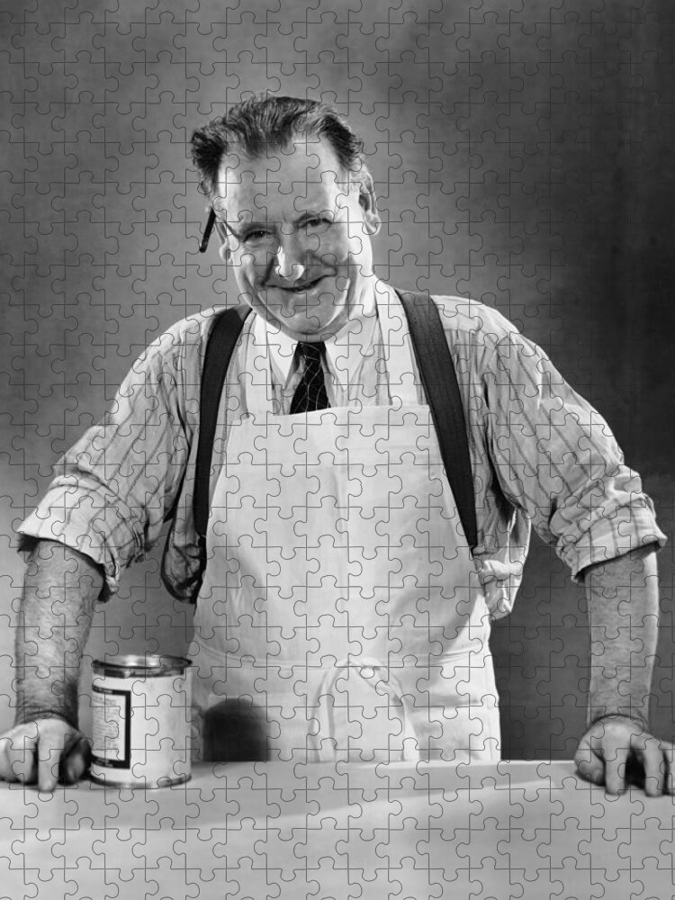 People Jigsaw Puzzle featuring the photograph Grocery Store Salesman Wcan On Counter by George Marks