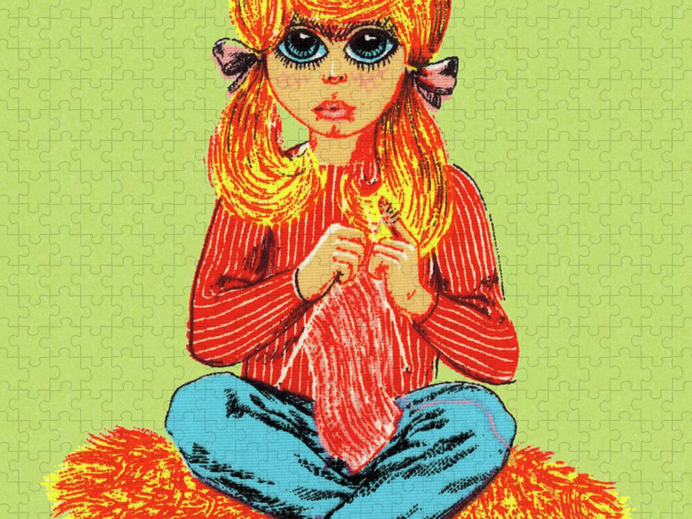 Adolescence Jigsaw Puzzle featuring the drawing Groovy Girl Knitting by CSA Images