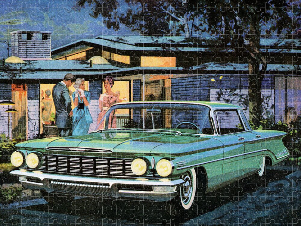 Auto Jigsaw Puzzle featuring the drawing Group Standing Next to Green Car by CSA Images