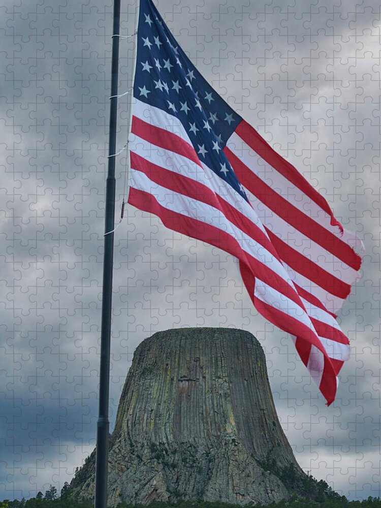 Rock Jigsaw Puzzle featuring the photograph Half Mast Flag Over Devils Tower by Paul Freidlund