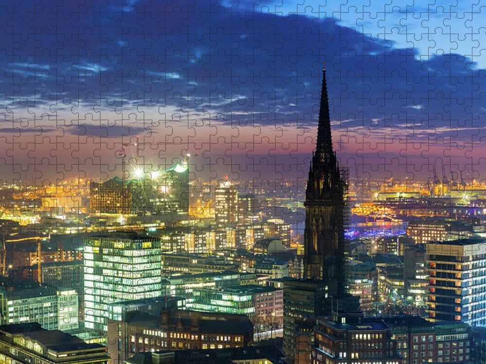 Freight Transportation Jigsaw Puzzle featuring the photograph Hamburg Harbour At Sunset, Cityscape by Mf-guddyx