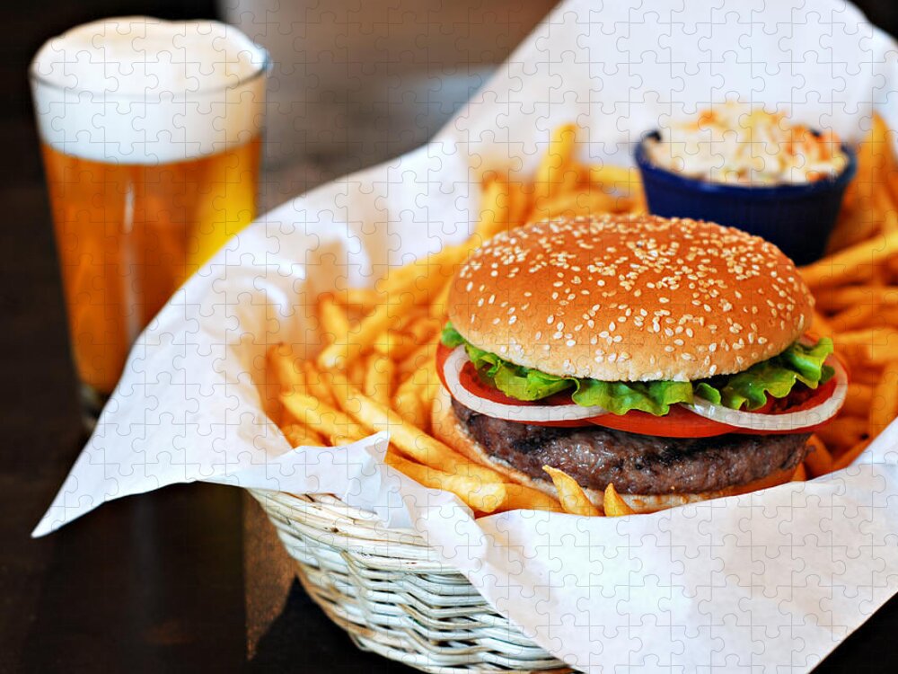 Unhealthy Eating Jigsaw Puzzle featuring the photograph Hamburger & Beer by Muratkoc