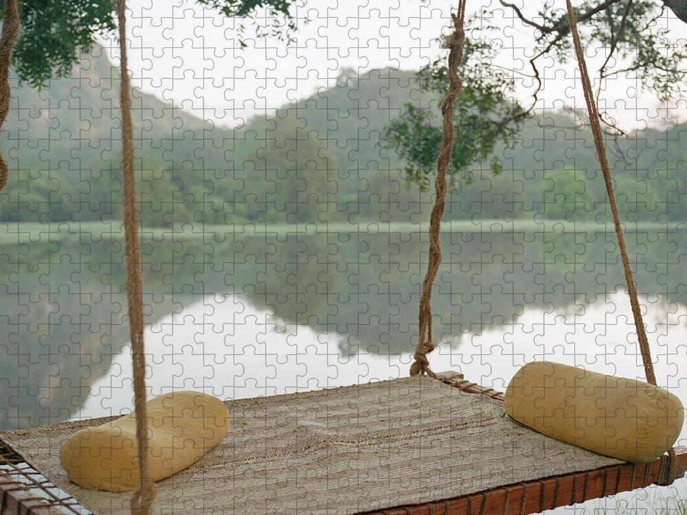 Tranquility Jigsaw Puzzle featuring the photograph Hammock On Tree By Still Rural Lake by Laurie Castelli