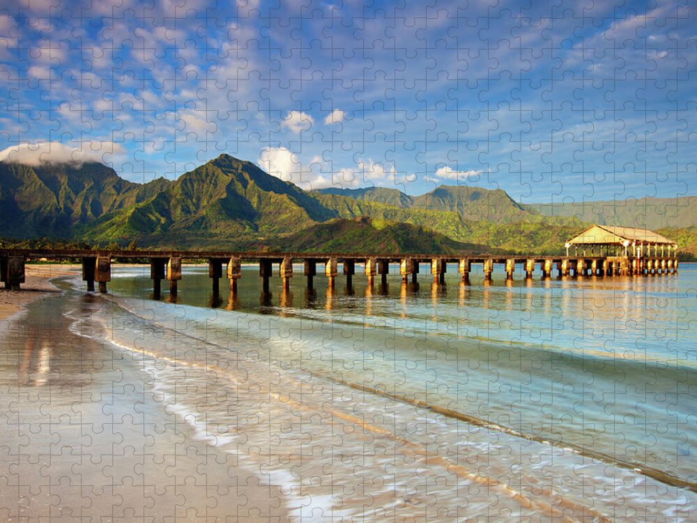 Summer Jigsaw Puzzle featuring the photograph Hanalei Bay Pier Beach by M Swiet Productions