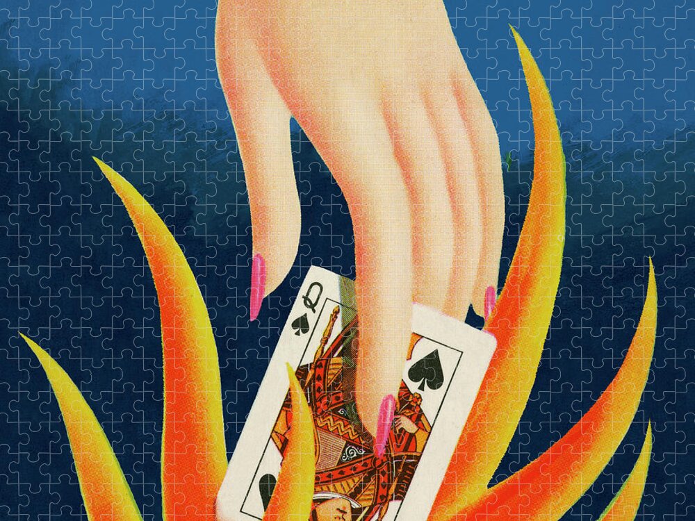 Bad Habit Jigsaw Puzzle featuring the drawing Hand Holding Queen of Spades in a Flame by CSA Images