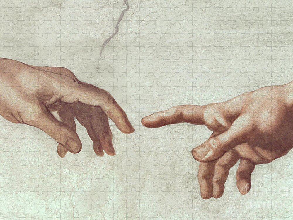 Sistine Jigsaw Puzzle featuring the painting Hands of God and Adam by Michelangelo by Michelangelo Buonarroti