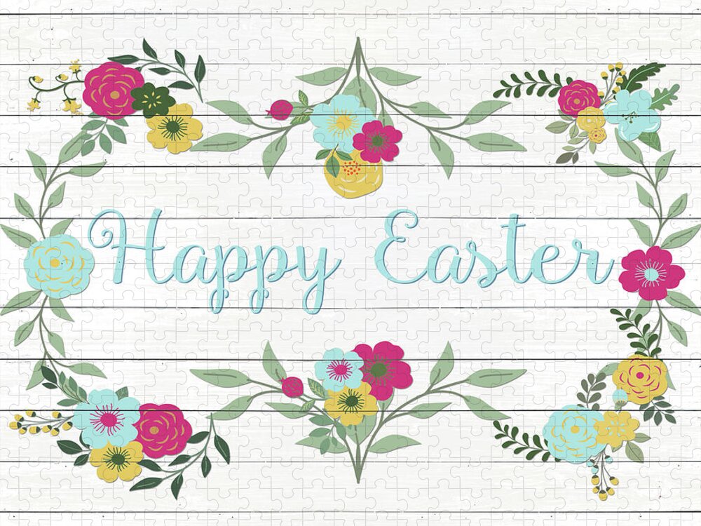 Happy Jigsaw Puzzle featuring the digital art Happy Easter Floral On White Wood by Sd Graphics Studio