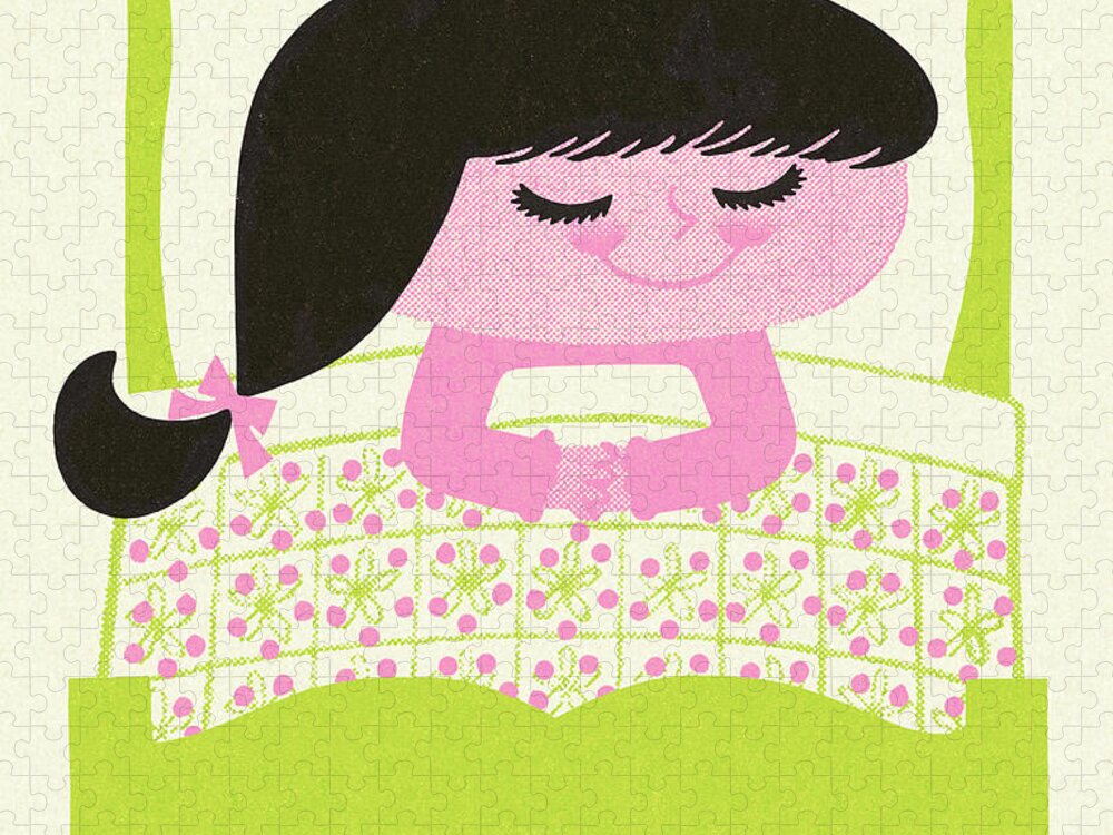 Asleep Jigsaw Puzzle featuring the drawing Happy Girl Sleeping in Bed by CSA Images