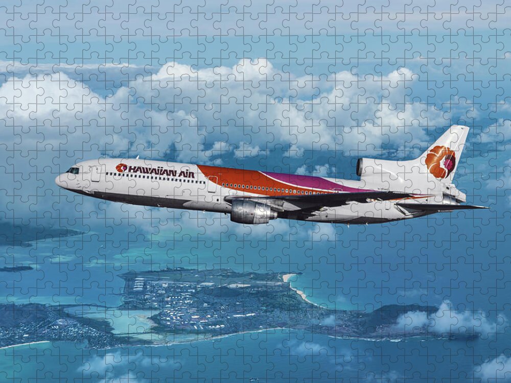 Hawaiian Airlines Jigsaw Puzzle featuring the mixed media Hawaiian Airlines L-1011 Over the Islands by Erik Simonsen