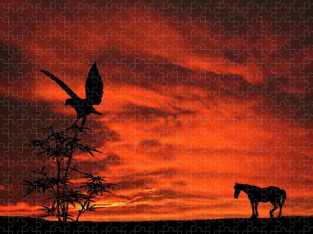 Heading Home Jigsaw Puzzle featuring the mixed media Heading Home Horse Eagle Sunset Silhouette Series  by David Dehner