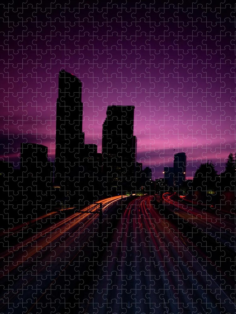 Tranquility Jigsaw Puzzle featuring the photograph Headlight Streaks In City Twilight by Engelhardt.zenfolio.com