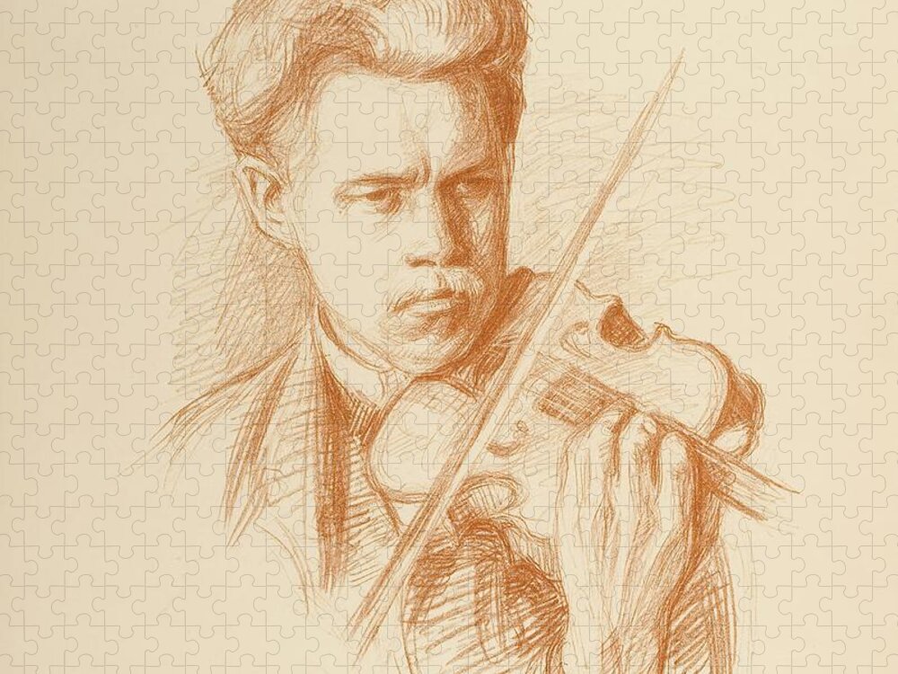 Violinist Jigsaw Puzzle featuring the drawing Heikki Playing by Pekka Halonen